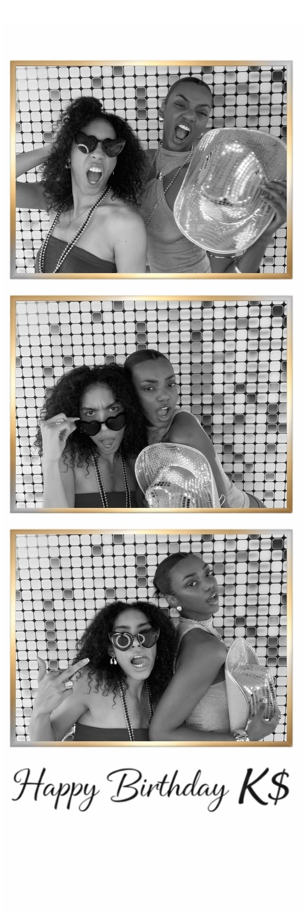 Happy Birthday K$ photo booth strip black and white sequin backdrop